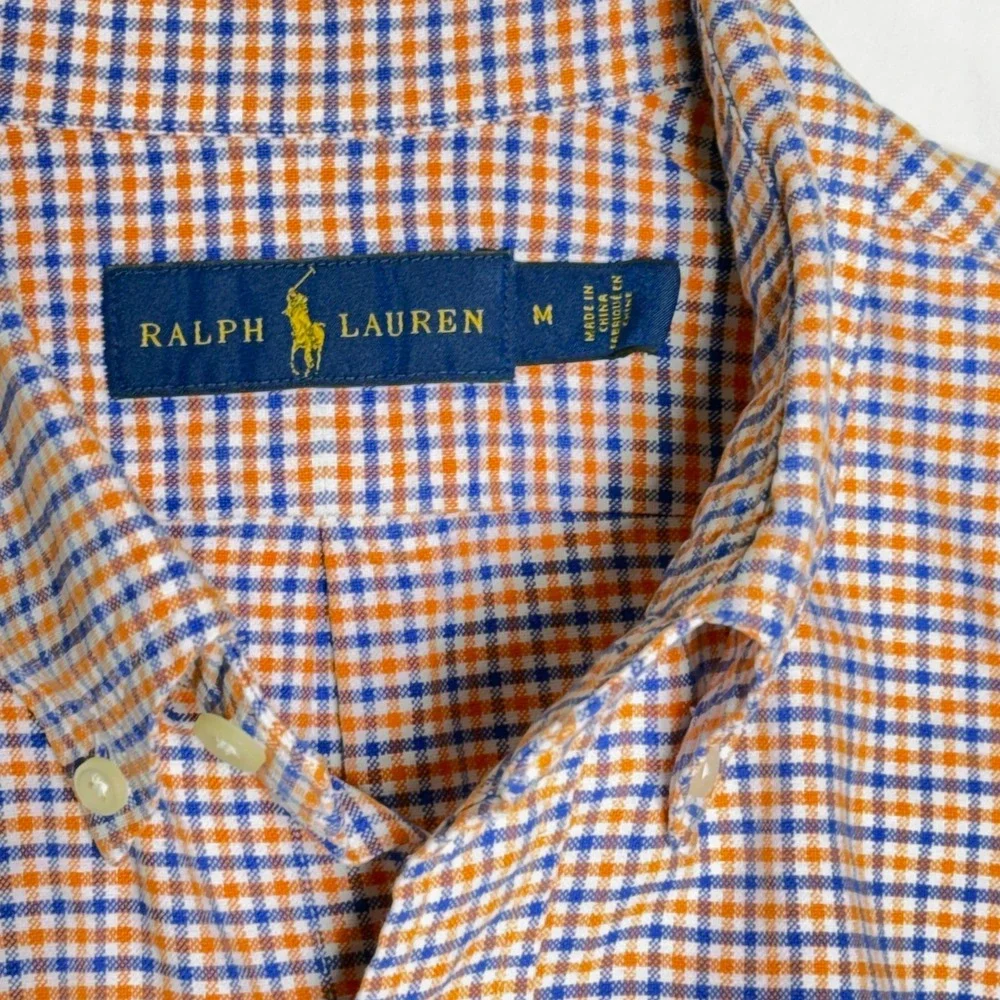 Ralph Lauren Mens Button Down‎ Shirt Orange Blue Plaid Embroidered Pony Size M